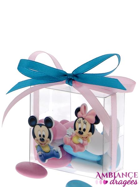 Ballotin dragées carré bébé Mickey et Minnie - Dragées baptême